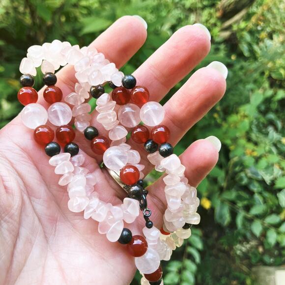 Vintage Rose Quartz Carnelian Beaded Necklace with Sterling Clasp 1980s 1990s - Picture 4 of 13